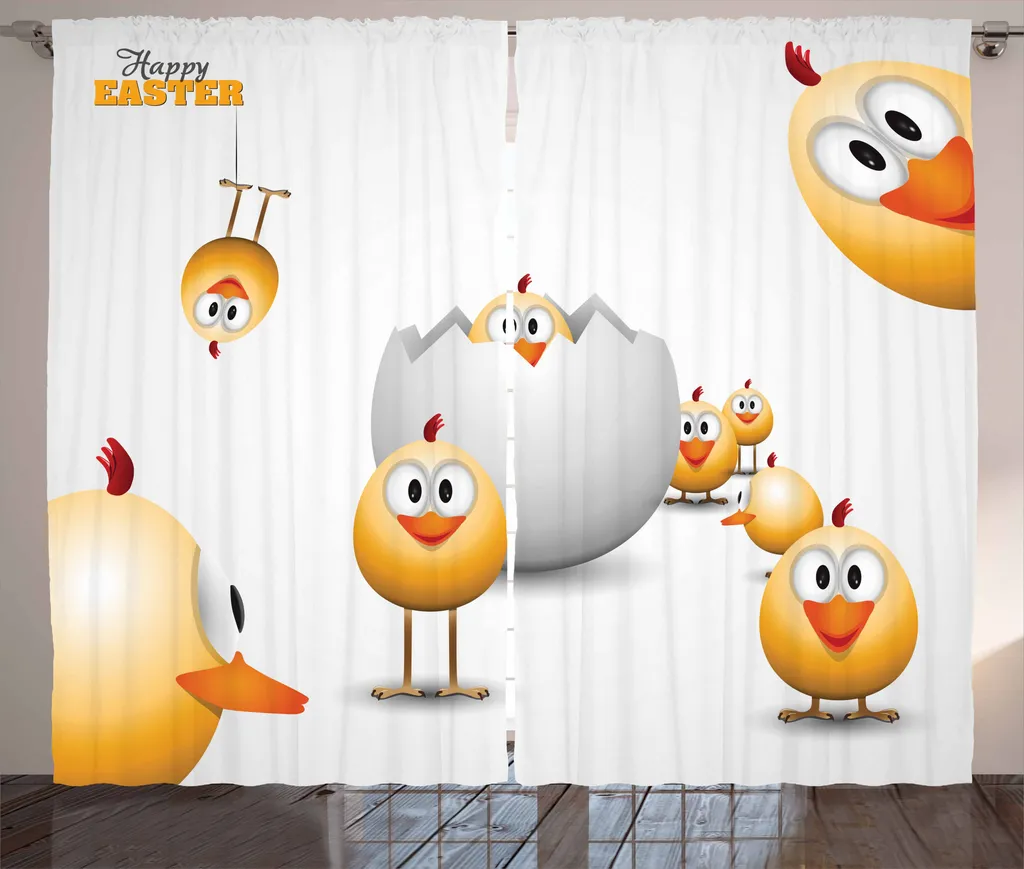 ABAKUHAUS Pasqua Tenda rustica, divertente caricatura di pulcini, tenda con passanti e ganci per camera da letto, 280 x 175 cm, arancione giallo bianco