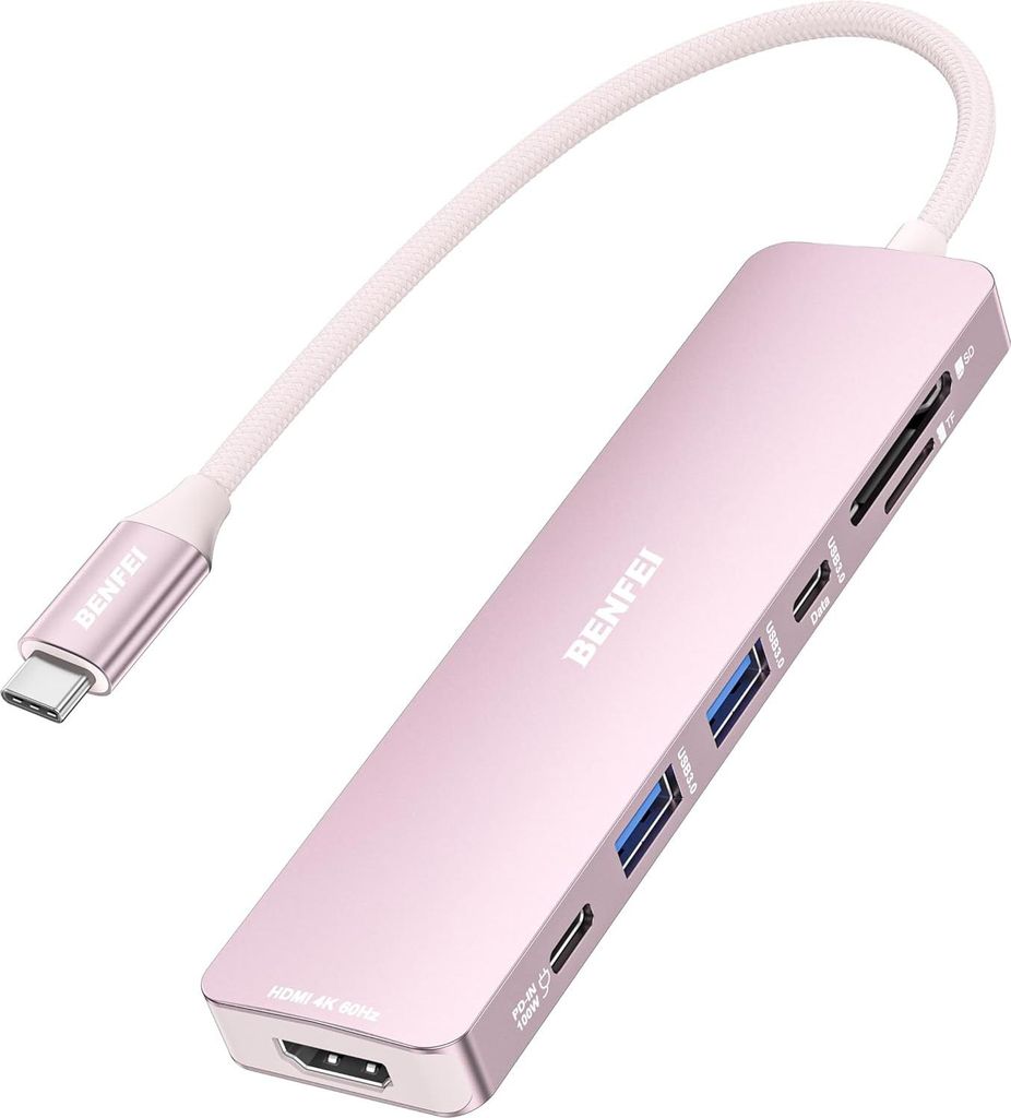 BENFEI Hubs USB C Hub 7in1 Pink mit HDMI 4K 60Hz 100W PD