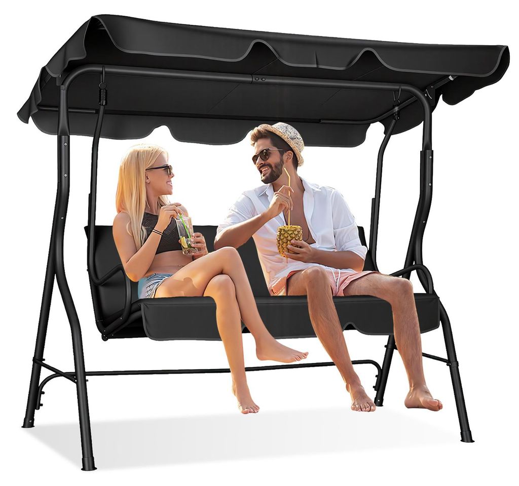 Vigevee Hollywoodschaukel 3-Sitzer Anthrazit mit verstellbarem Sonnendach, Gartenschaukel mit Stahlrahmen für Garten Terrasse Balkon
