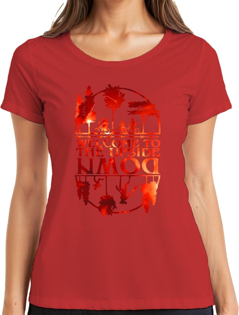 Welcome To The Upside Down Sci Fi 80er Retro Horror Stranger Damen T-Shirt, Rot, XL