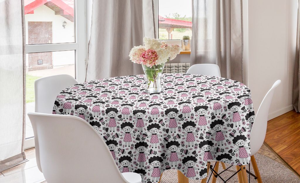ABAKUHAUS Karikatur Runde Tischdecke, Schaf Mädchen Blumen Design, Kreis Tischdecke Abdeckung für Esszimmer Küche Dekoration, 150 cm, Baby Pink ...