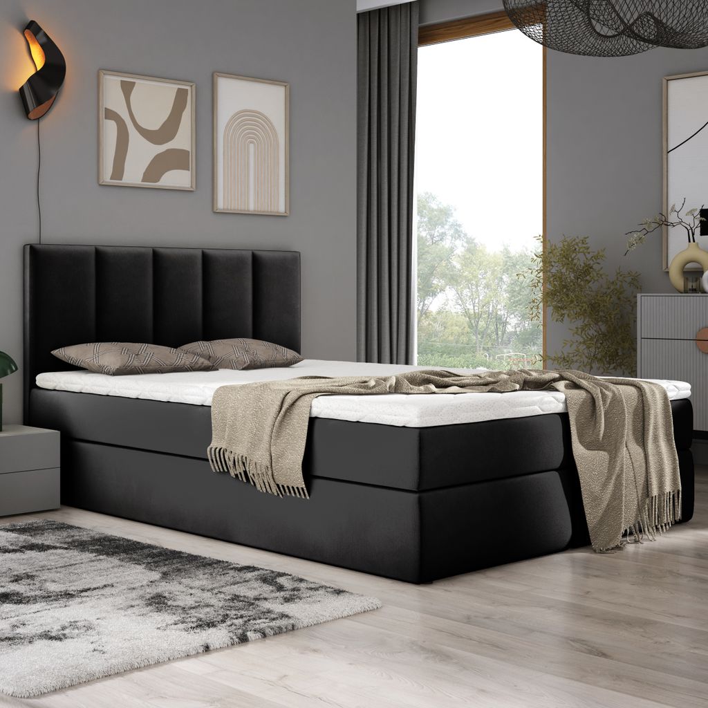 EMPORIUM Boxspringbett 140x200 cm Komplett-Set mit Matratze und Topper, Polsterbett mit zwei Bettkästen - SCHWARZ, MATT VELVET 99