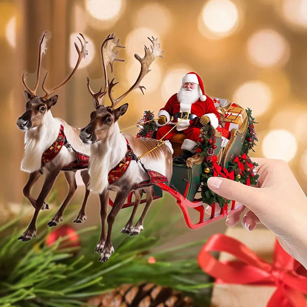 Weihnachtsschmuck, Acryl, Weihnachtsmann im Schlitten, Hängedekoration, 2D, flacher Weihnachtsbaum-Anhänger für Weihnachtsbaum, Wand, Fenster, A...