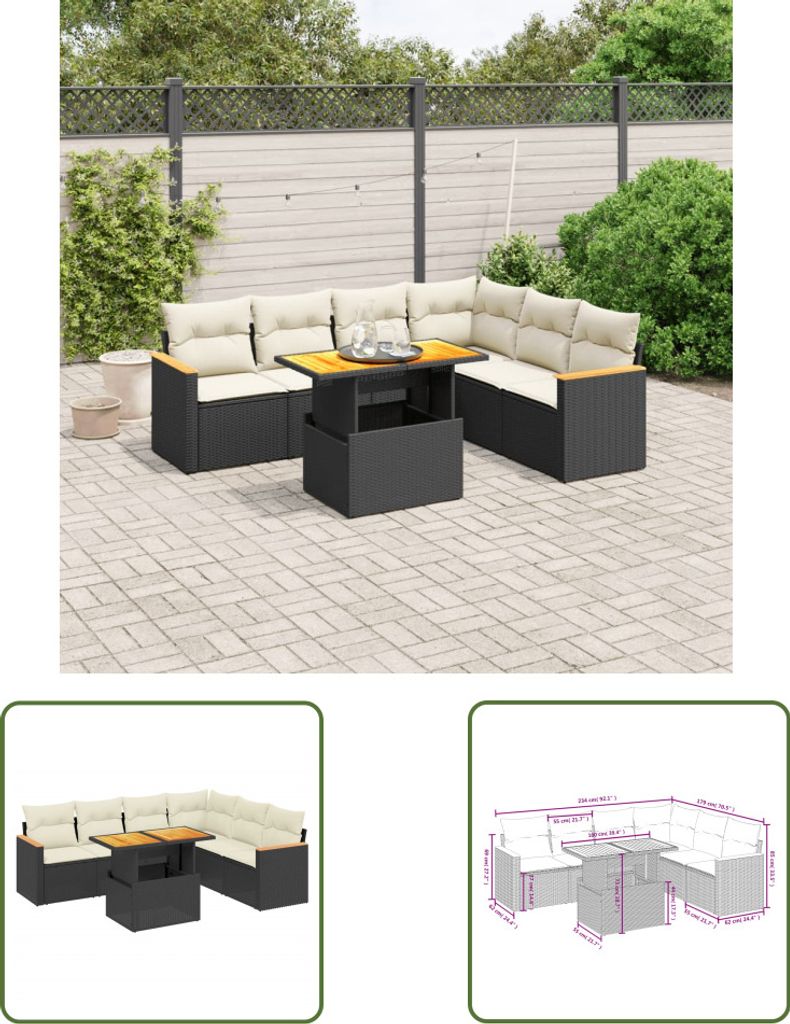 The Living Store 7-tlg. Garten-Sofagarnitur mit Kissen Schwarz Poly Rattan