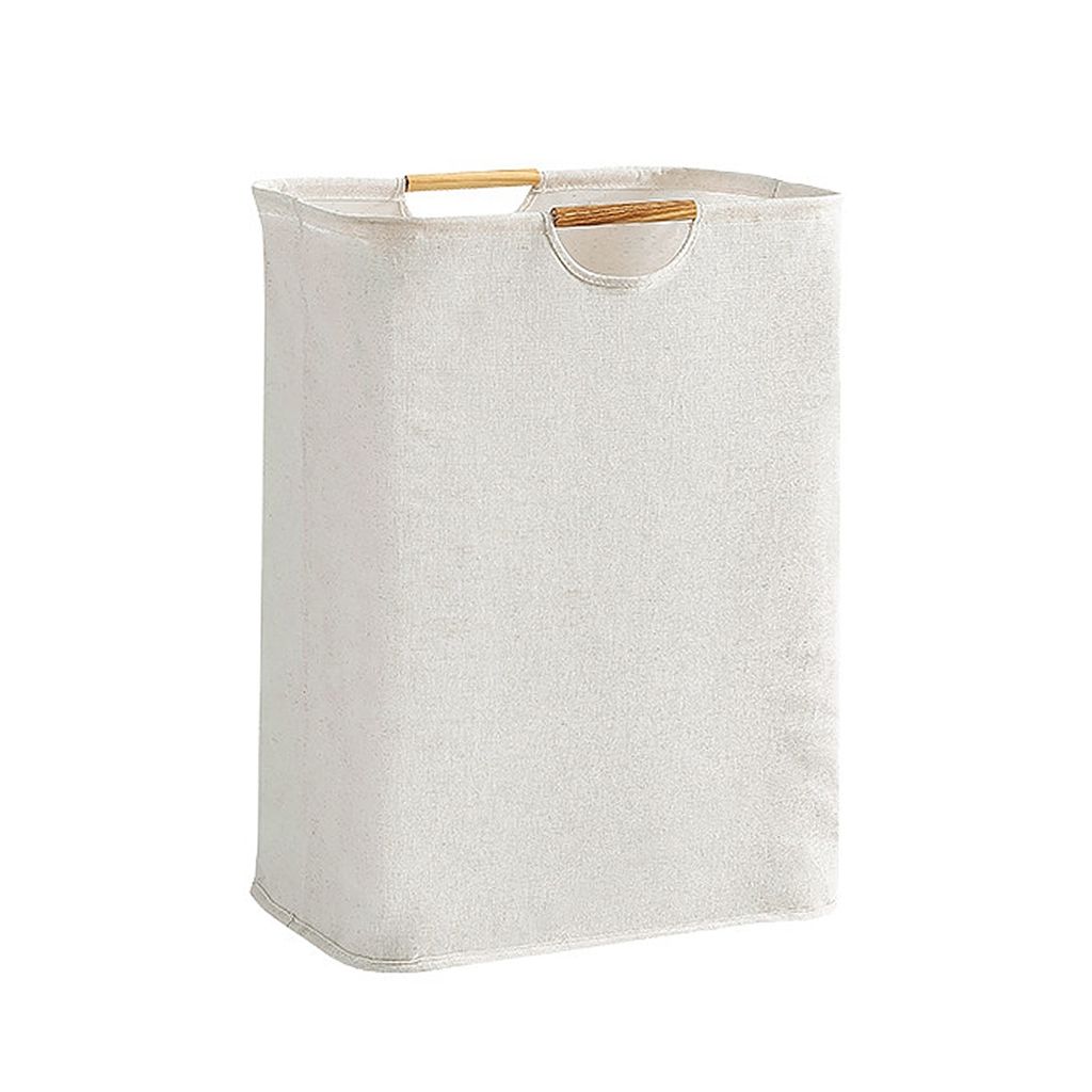 A white laundry basket with wooden handles against a white background.