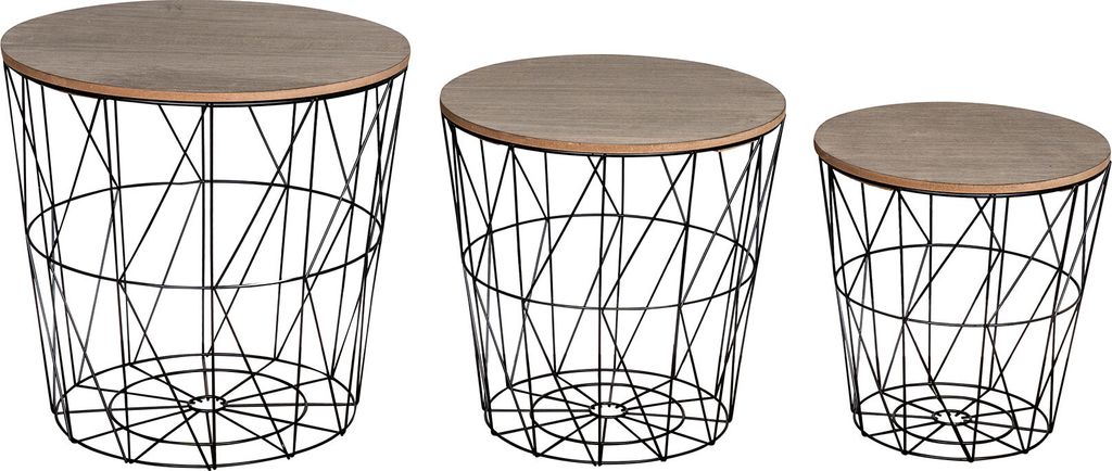 3er Set Beistelltisch Schwarz Braun Metall Metallkorb Drahtkorb Couchtisch Deckel