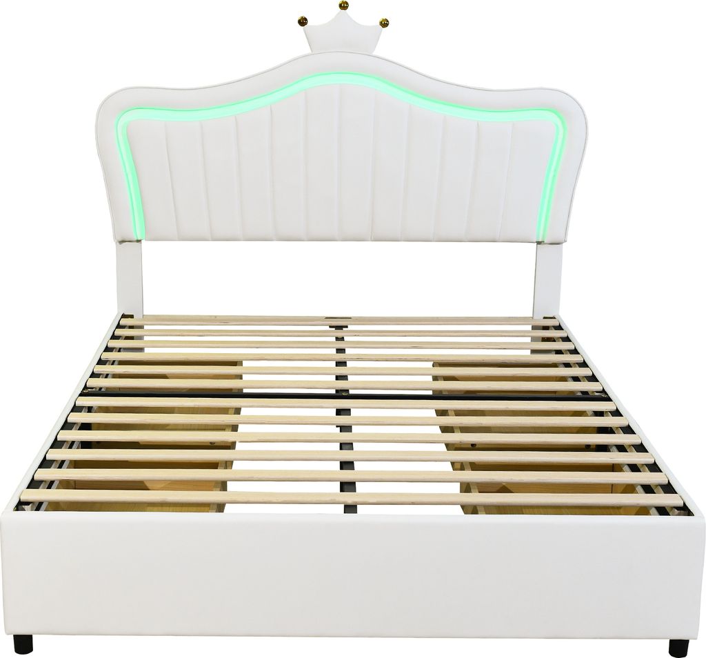 Kinderbett 140x200cm Polsterbett (Ohne Matratze) Weiß Kunstleder Einzelbett Mit Stauraumschubladen LED-Leuchten Lattenrost und Kronenform Rückenl...