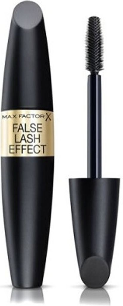 A black mascara tube with a gold label and its applicator wand are shown against a white background.