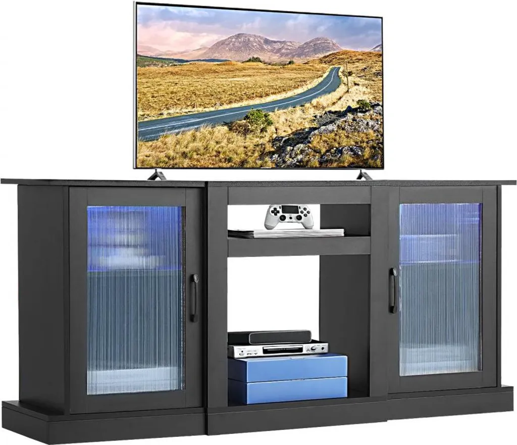 Console TV Salon avec LED et Rangements Fermés pour Grand Écran 65 Pouces