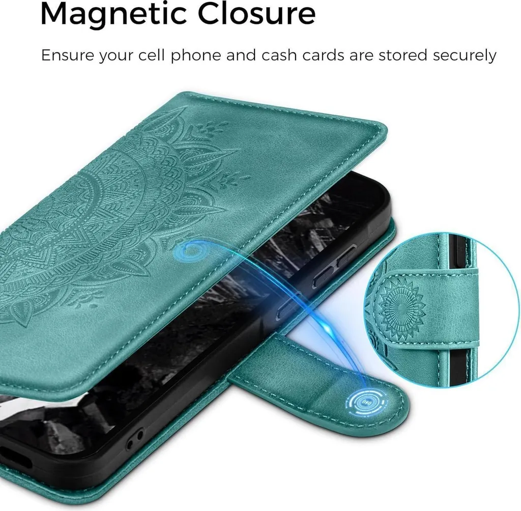 Housse Google Pixel 8A verte en cuir gaufré avec rangement de cartes