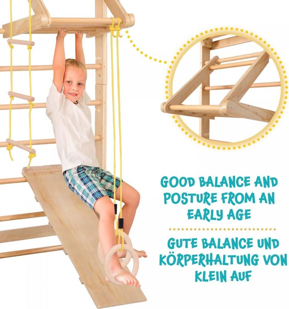 A young boy is using a wooden climbing frame with various attachments, including rings and a slide. Text overlays highlight the benefits of the product.