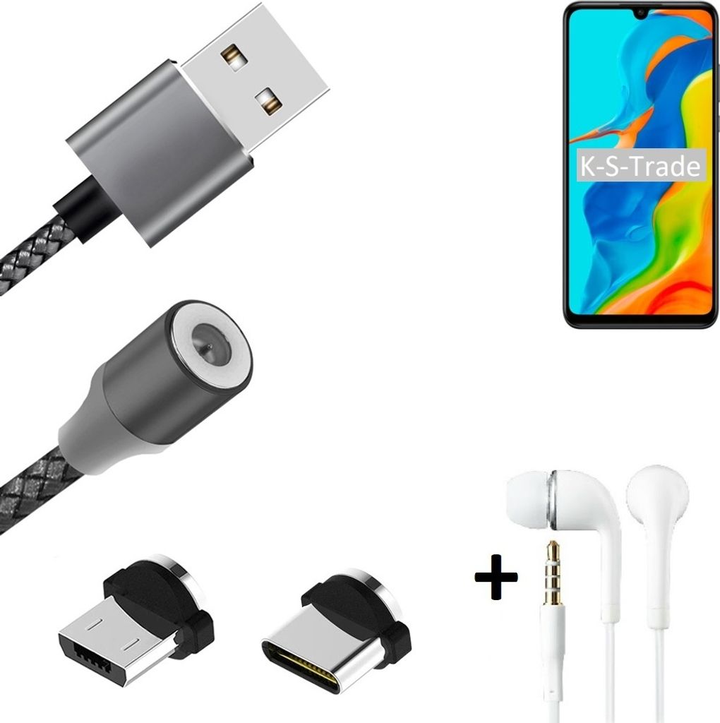 K-S-Trade Hochwertiges Magnet-Lade-kabel Sync-Kabel Daten-Kabel + Kopfhörer kompatibel mit Huawei P30 lite New Edition mit USB-Typ-C-Anschluss und