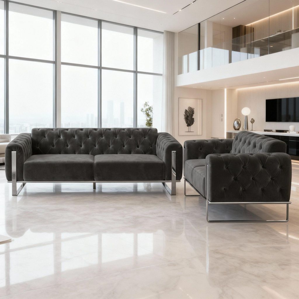 Sofa Liva in Knopfheftung Spar-Set, 3-Sitzer mit Schlaffunktion Farbe: chromfarben | Grau Ausführung: 3-Sitzer + 3-Sitzer