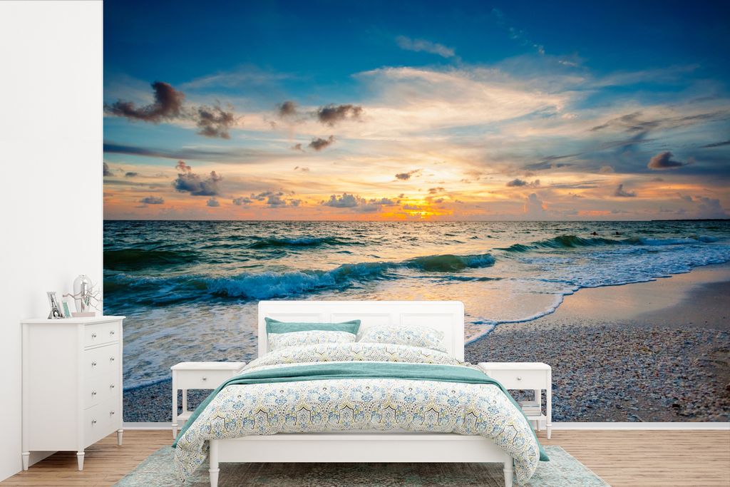 MuchoWow Fototapete für Wohnzimmer oder Schlafzimmer Wandtapete Vinyl Motivtapete Strand - Meer - Sonnenuntergang - 600x400 cm - Vinyltapeten