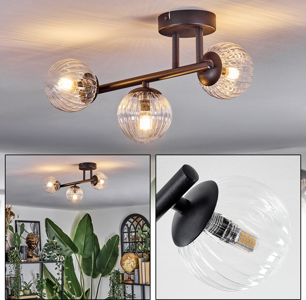 Isorella 3-flammige Deckenlampe aus Metall/Riffelglas in Schwarz/Klar