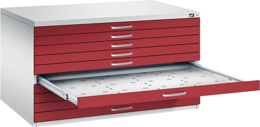 CP 7200 Planschrank lichtgrau, rubinrot 10 Schubladen 135,0 x 96,0 x 76,0 cm