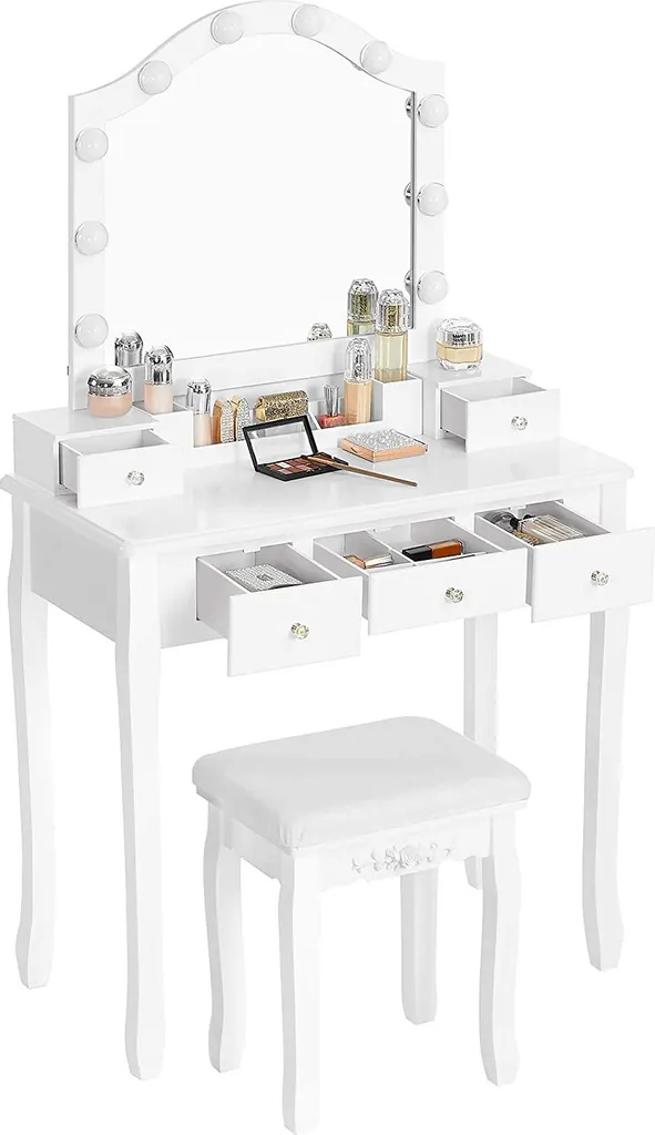 Table Coiffeuse Blanche avec Miroir et Tabouret pour Chambre ou Dressing