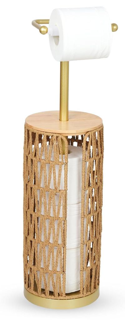 Boho-Toilettenpapierhalter mit Ablage, Toilettenpapierhalter aus Rattan, freistehender Toilettenpapierhalter fürs Badezimmer, goldener Toilettenpa...