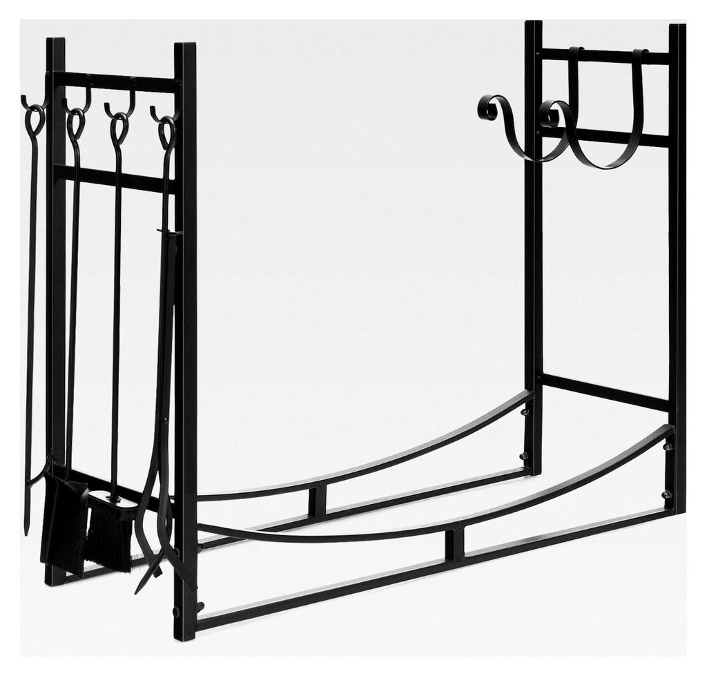 Kaminholzregal mit 4-teiligem Kaminbesteck und Anzündholzhaltern, Feuerholzregal aus Metall für Innen und Außen, 90 x 33 x 76 cm