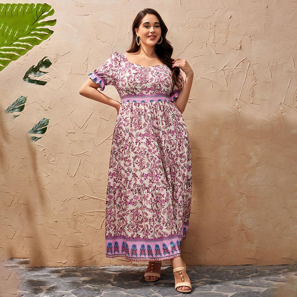 Plus Size Damen Midi Kleid mit Blumenprint, A-Linie mit kurzen Ärmeln und Taschen, Größe 48