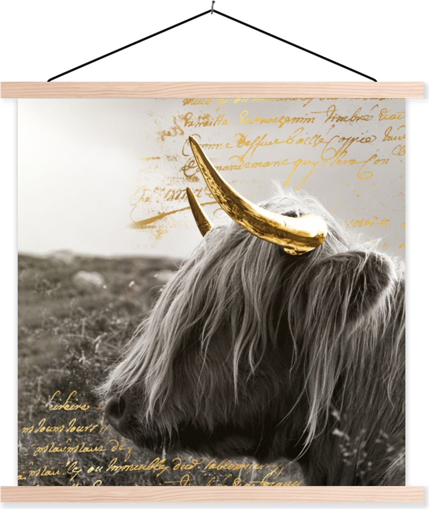 MuchoWow Textilposter Schottisches Hochlandrind - Gold - Zitat 120x120 cm mit holzfarbenen Rahmen - Textil-Poster