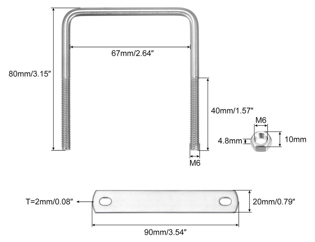 2 S?tze Quadratische U Bolzen 67mm(2.64") Innenbreite 80mm L?nge M6 304 Edelstahl U Klemmschraube mit Mutter und Platte fš¹r Bootsanh?nger