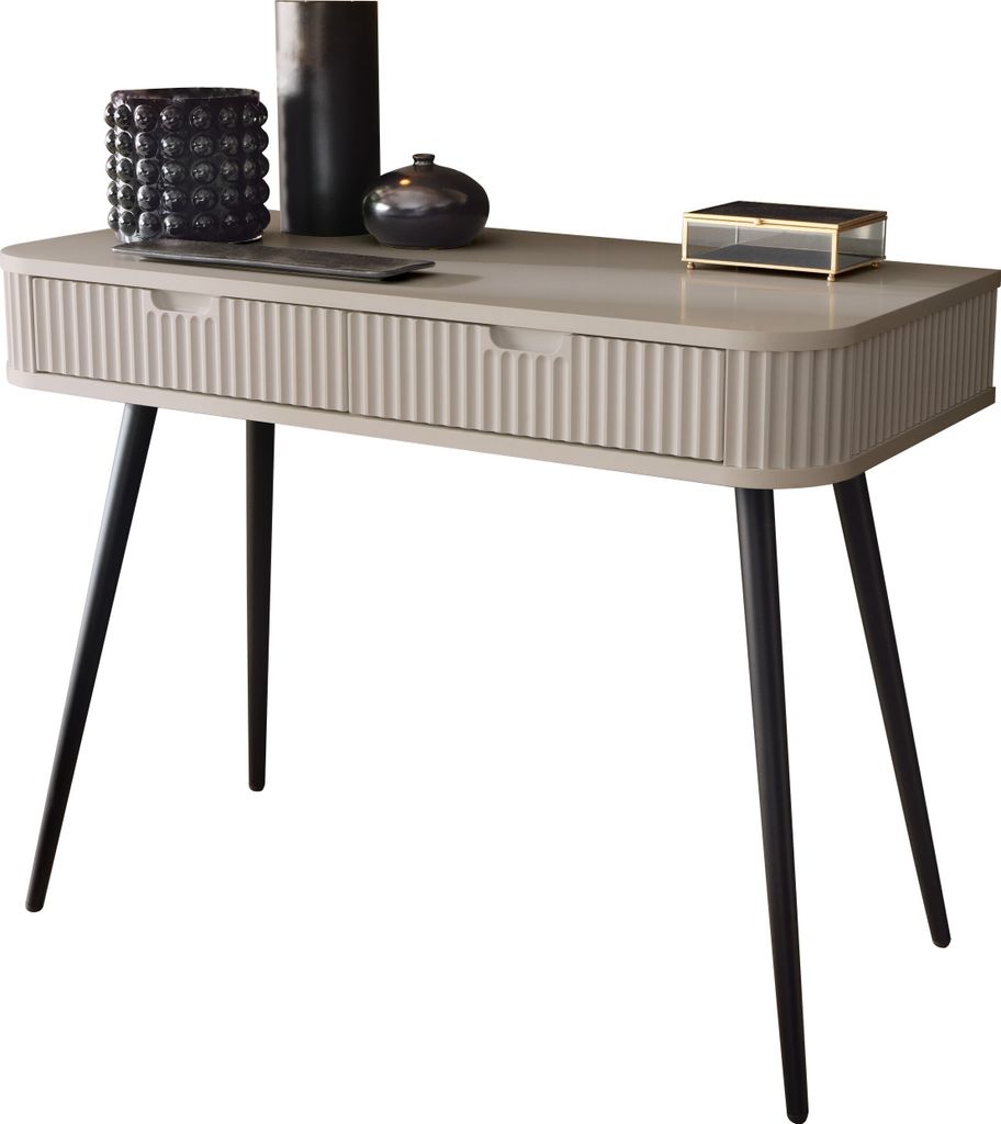 BETTSO Schminktisch Konsolentisch Schreibtisch mit Schubladen geriffelten Fronten auf schwarzen Beinen ZOVA Cashmere Beige