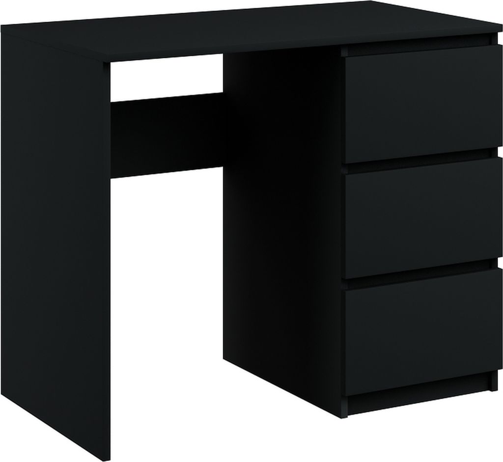 A black desk with three drawers on the right side.