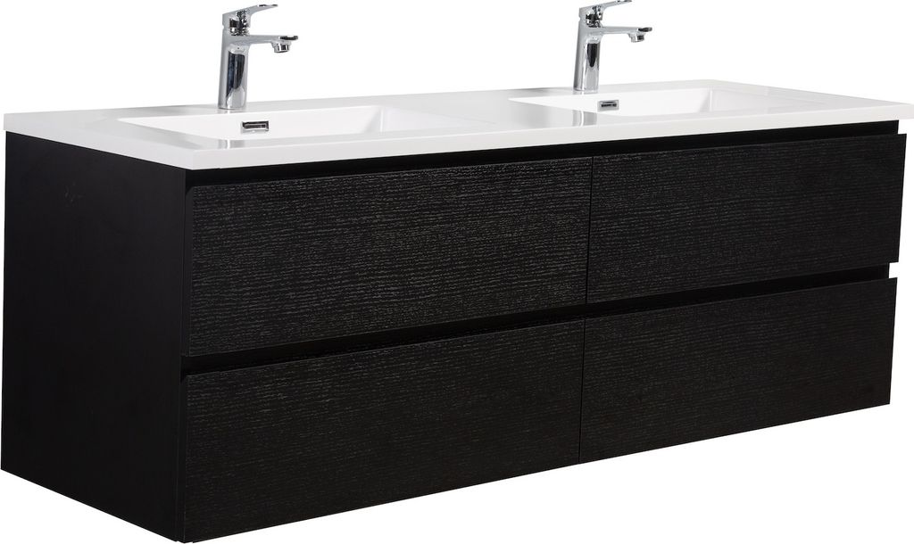 Badplaats Badmöbel Set mit Waschbecken und Unterschrank Angela 140 x 48 cm Schwarz Holz - Waschbeckenunterschrank mit Soft-Close und Doppelwaschbe...