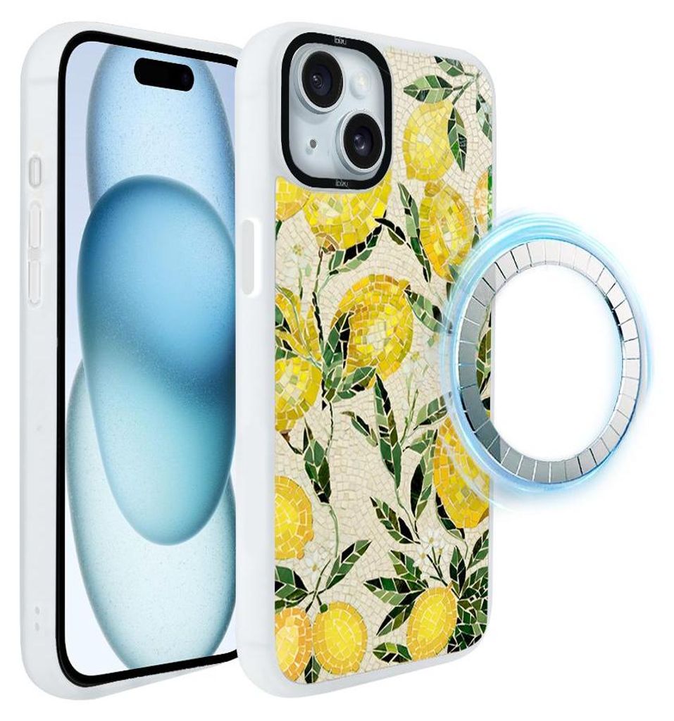Schutzhülle für das iPhone 15 Plus, MagSafe-kompatibel, mattweiße Seiten, Obst, Zitronen, Mosaik