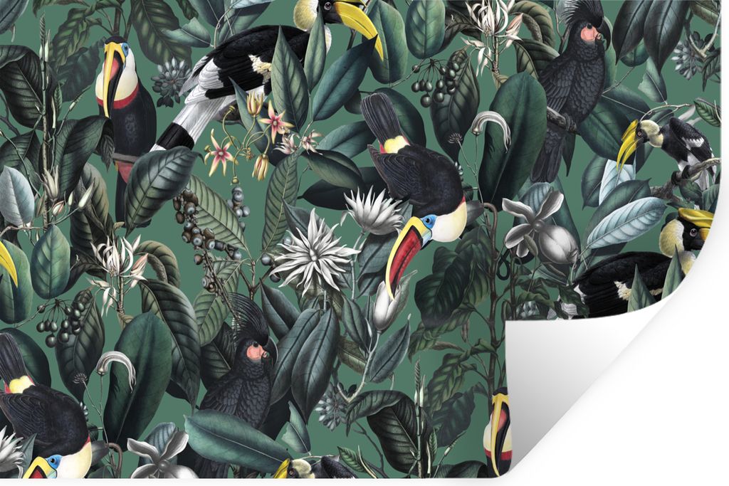 MuchoWow Wandtattoo Wandsticker Wandaufkleber Blumen - Vogel - Collage 60x40 cm Selbstklebend und Repositionierbar - Wierderverwendbar - Selbstkl...