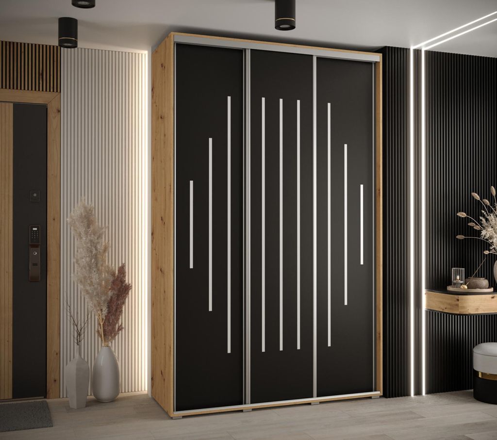 Kleiderschrank ASIRI 12 - 150/45 cm, Artisan-Eiche / Schwarz / Silber