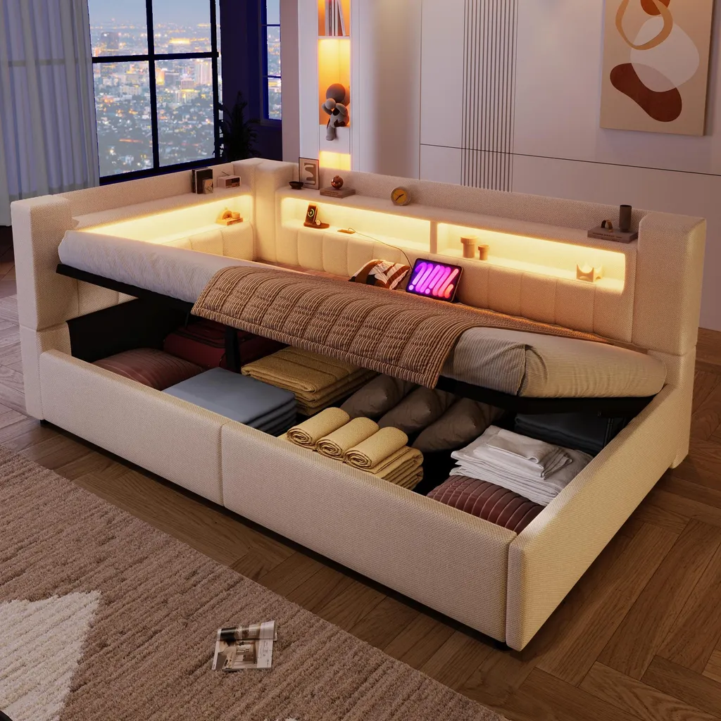 Canapé-lit avec rangements et LED 90x200 cm en lin beige pour studio