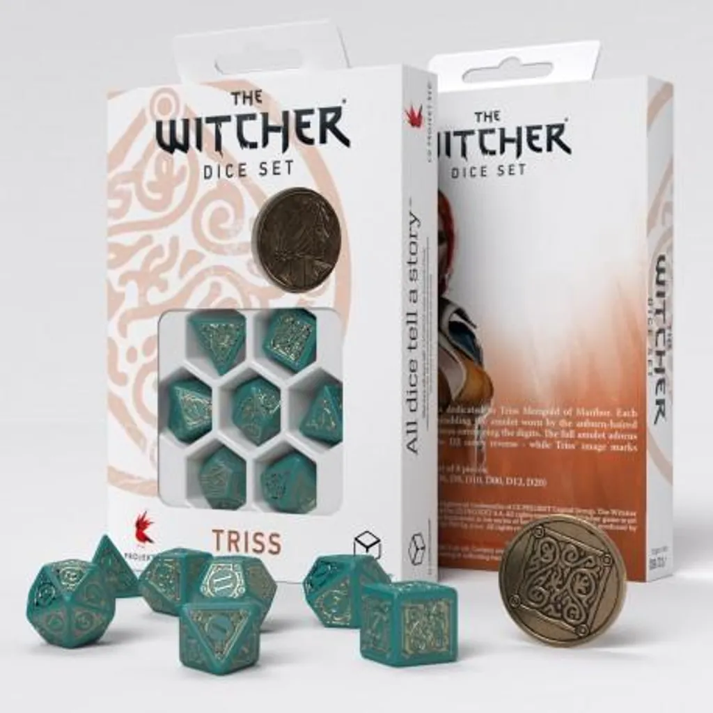 Dés The Witcher Triss Merigold polyédriques gravés en turquoise et or