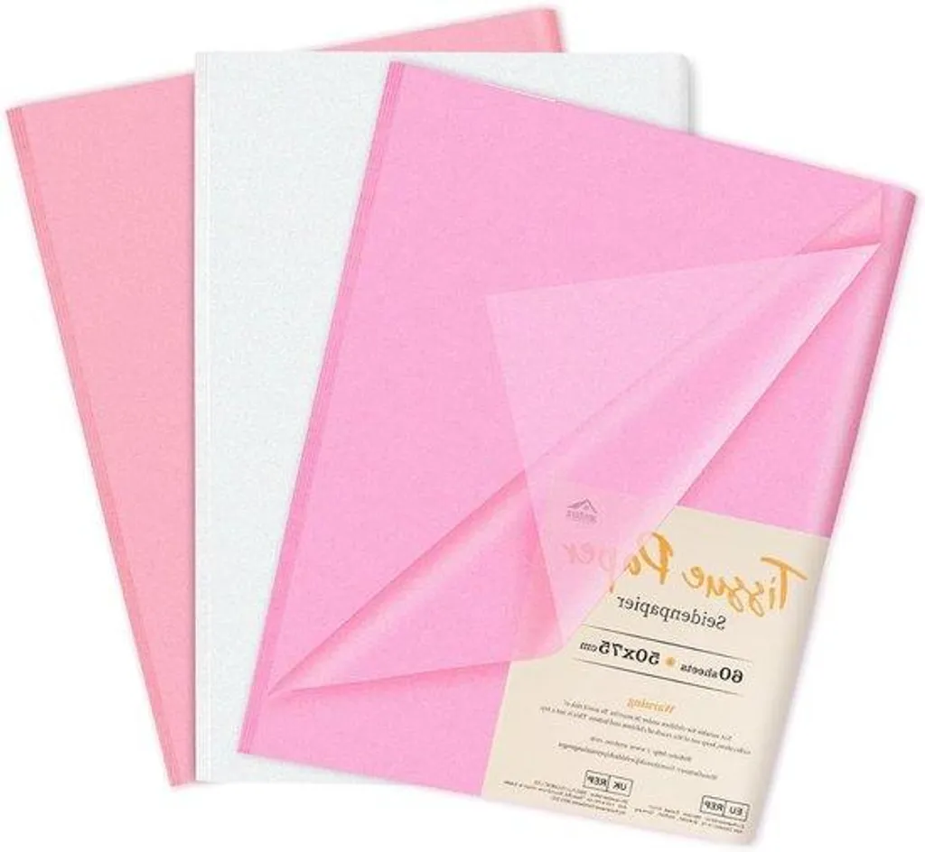 60 Feuilles Papier Cadeau Transparent 50 x 75 cm Blanc et Rose pour Fêtes