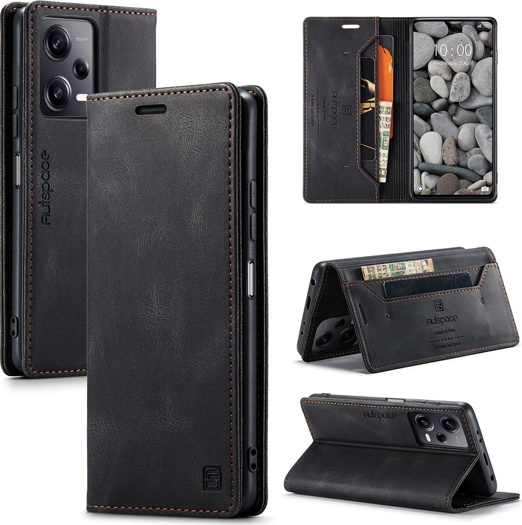 Redmi Note 12 Pro Hülle, Retro Kunstledertasche Stand Schutzhülle für Xiaomi Redmi Note 12 Pro 5G Schwarz