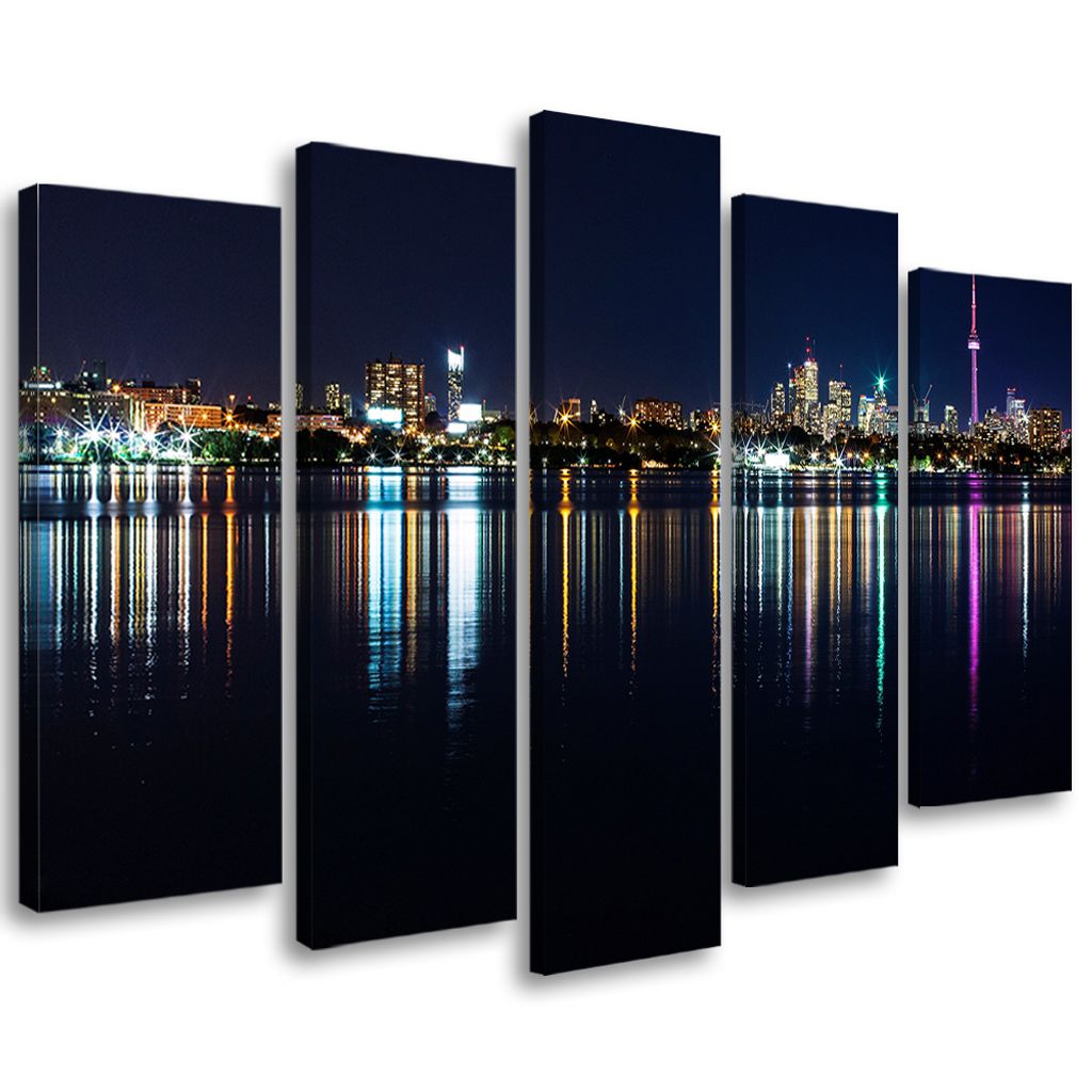 5-teiliges leinwandbild new york city nacht 200x100 cm Feeby schwarz wandbild bereit zum aufhängen