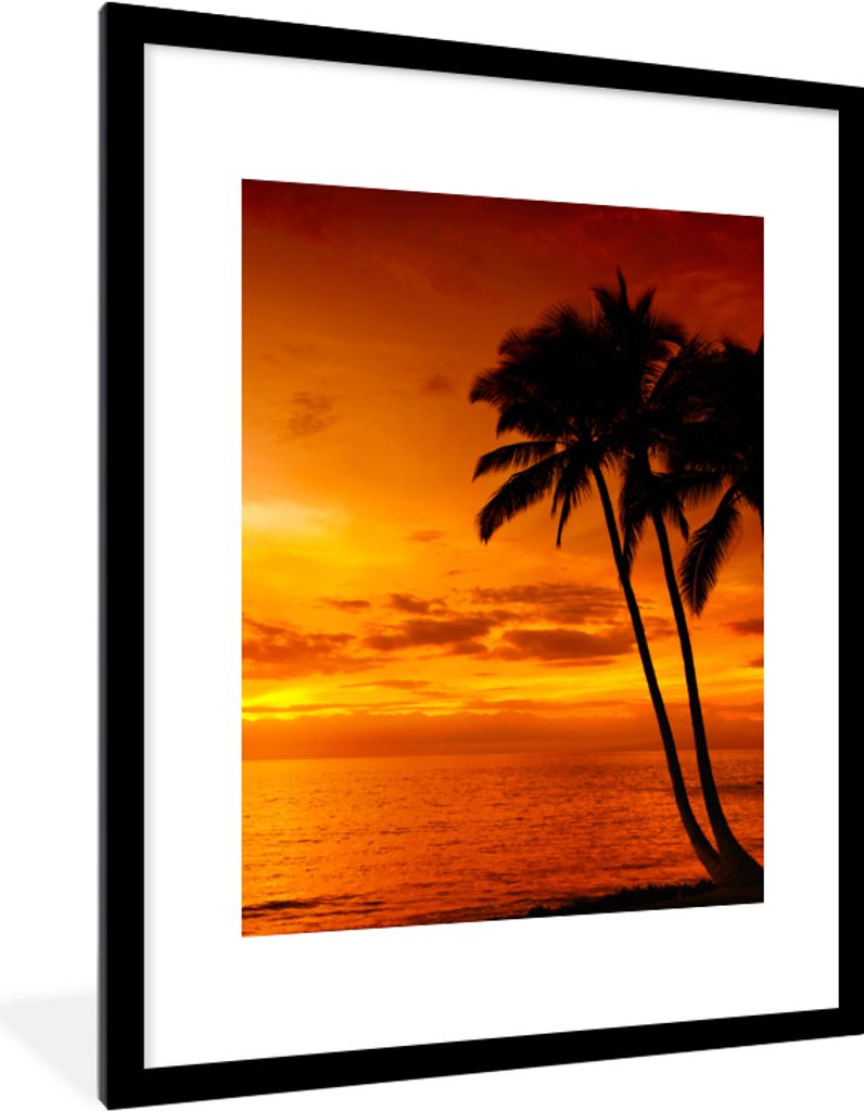 MuchoWow Gerahmtes Poster Palme - Sonnenuntergang - Tropisch - Orange - Meer 60x80 cm - Poster mit Schwarzem Bilderrahmen Wandposter Rahmen Foto ...
