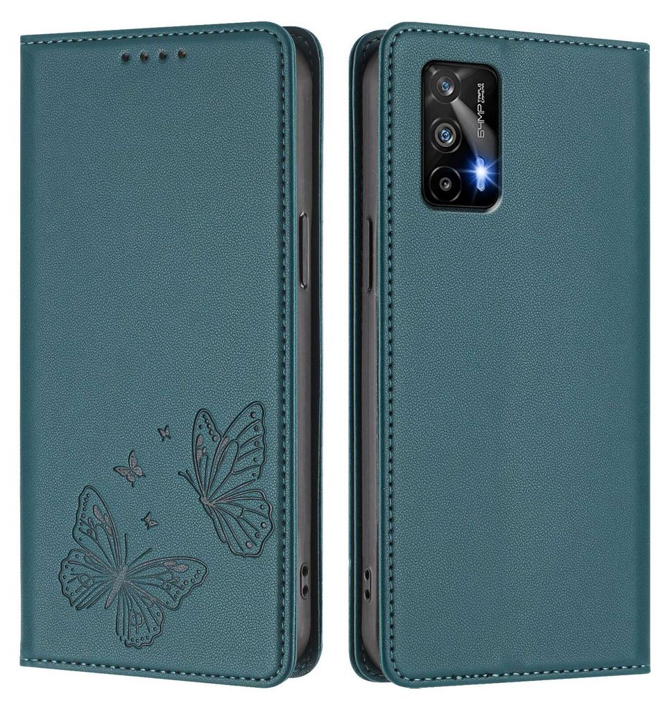 Lederhülle für Realme GT 5G/Realme GT Neo, Schmetterling Prägung Leder Brieftasche Schutzhülle mit Ständer Grün