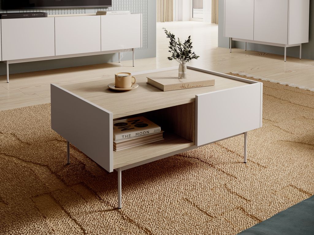 Couchtisch 100 cm Laris - Loft, 2 Schubladen - Wohnzimmertisch, Metallbeine (Kaschmir)