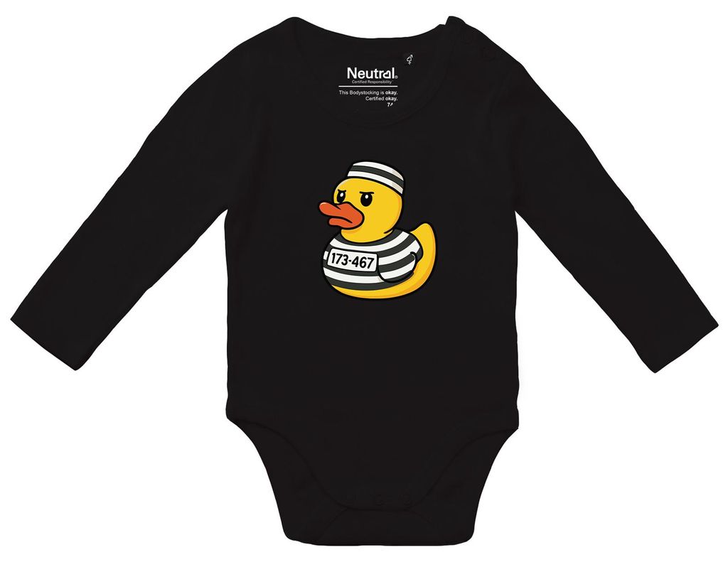 Huuraa Baby Body Quietscheente Gefängnis Gummiente Knast 62 Black Baumwolle Fairtrade Langarmbody Geschenkidee