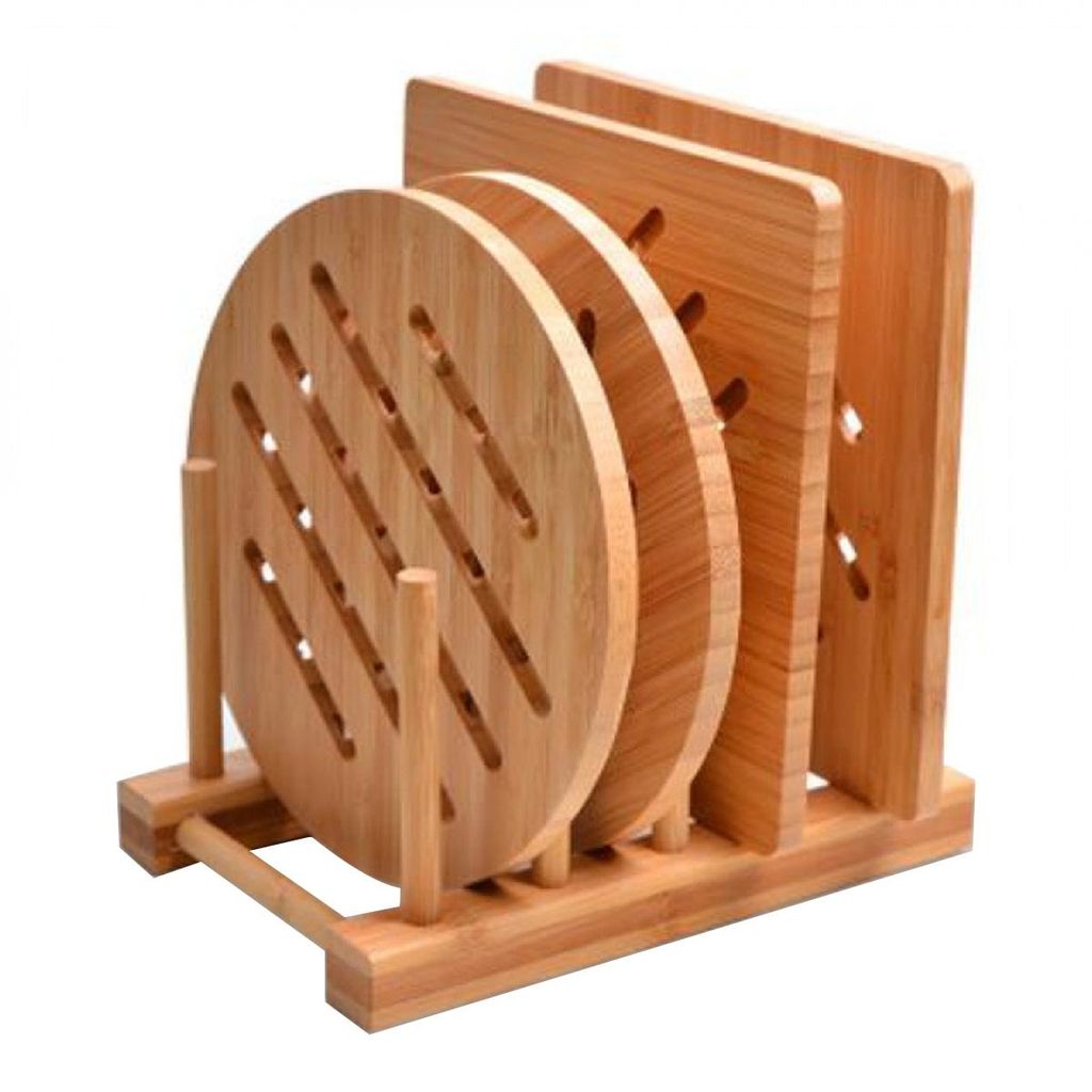 Untersetzer, 5-teiliges Topflappen-Set aus Holz mit Verbrühschutz + Ständer, 0,8 cm dick, Naturmaterial, passend für Herdplatte,Topf,Schüssel,T...