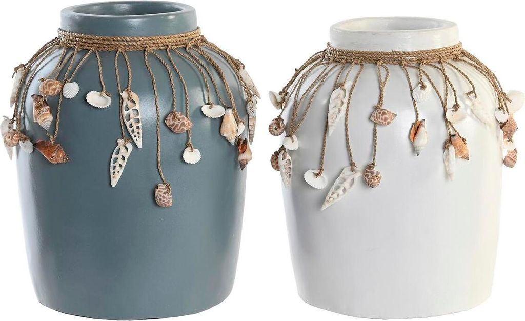 Vase DKD Home Decor Blau Weiß Bambus Muscheln 20 x 20 x 26 cm (2 Stück)
