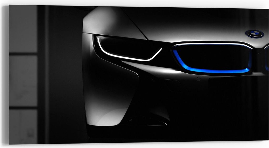 DEQORI Glasbild Echtglas 60x30 cm 'BMW i8 Frontalaufnahme' Wandbild Bild modern Deko