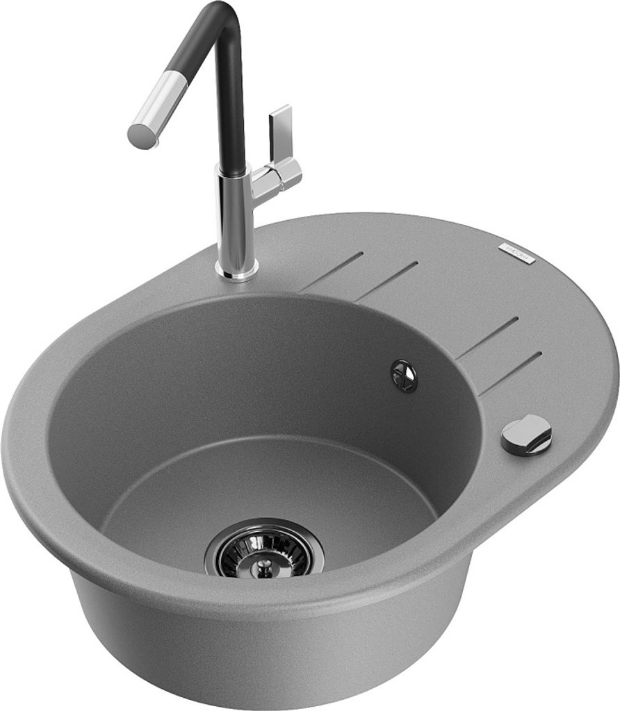 Mexen Kevin 1 Becken-Granitspüle mit Abtropffläche und Mischbatterie Flora, Grau - 6517-71-670401-07-B
