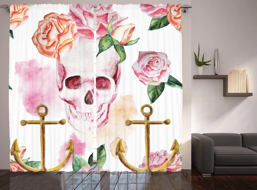 ABAKUHAUS Rideau Crâne et Ancre Art Rustique, Ruban Froncé 280 x 225 cm
