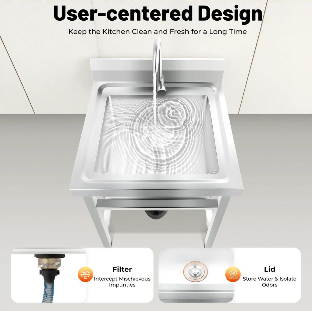Freistehendes Spülbecken - Edelstahl Einzelbecken - Tragkraft 150 kg - Höhenverstellung 1–3 cm - 360° drehbarer Wasserhahn - Innenmaß 45×41...