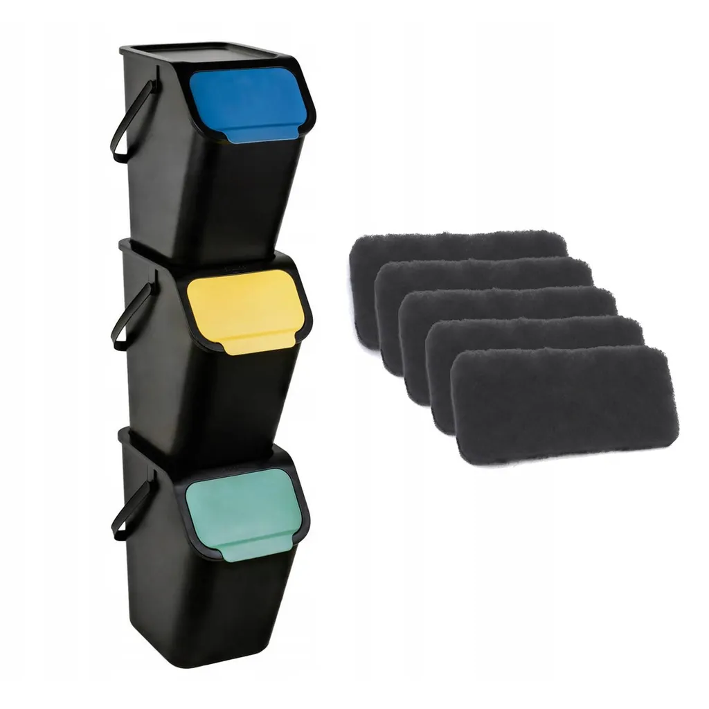 Poubelle de tri sélectif 3 bacs 25L BINI noir et 5 filtres anti-odeurs
