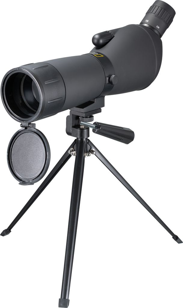 A black spotting scope with a tripod is shown against a white background.