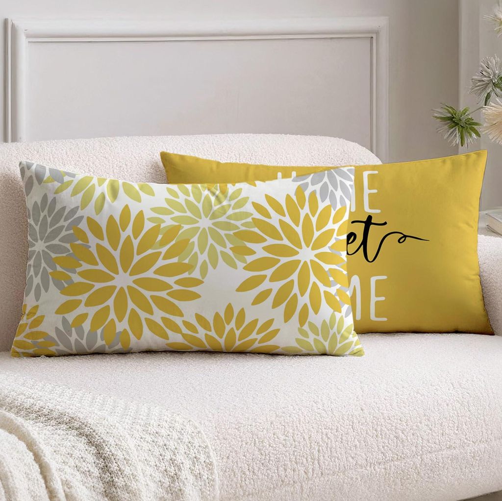 Outdoor-Kissen 30 x 50 cm, 2er-Set, gelb, moderne Kissenbezüge mit Dahlienmuster, dekorative Sofakissen in Samtoptik für Garten, Sofa, Wohnzimmer...